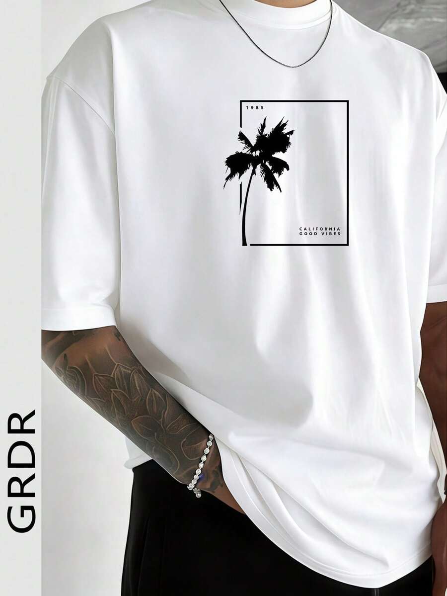 GRDR Men's Round Neck Fashionable English Slogan Palm Tree Element Print Short Sleeve T-Shirt, Casual Streetwear - White - View 1