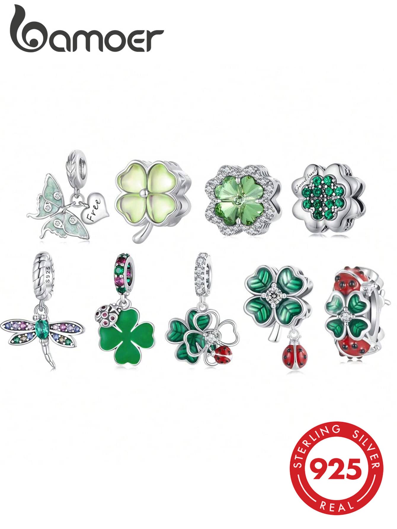 bamoer 1 mặt dây chuyền hình chuồn chuồn/bọ rùa bằng bạc sterling 925, hạt cườm màu xanh lá cây, thích hợp để tự làm vòng tay và dây chuyền cho nữ, quà tặng ngày Valentine. - Bạc - Xem 1