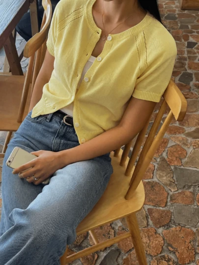 HoloChill Women's Casual Solid Color Crew Neck Short Sleeve Cardigan Knit Top, 2026 New Versatile Lightweight Hollow Out Blouse, Summer Casual Top, Women's Spring Clothing, Women's Holiday Party Top, Women's Beach Outfit, Women's Elegant Summer Vacation Top