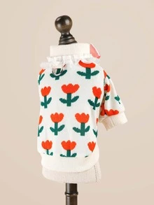 PETCIRCLE 1pc Pet Clothes, Dog/Cat Outdoor/Indoor Apparel, Small/Puppy Comfortable Tulip Flower Knitted Sweater - White - Multicolor - View 5