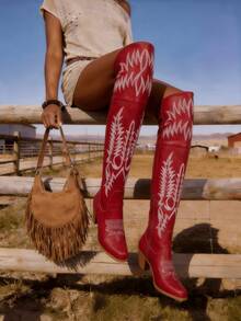 Summer Boots Riding Knee Thick Heels Embroidery Women's Country Concert Combat Cowgirl Red Boots Women Outfits & Western Chic Festival Shoes - 紅色長管 - 查看 6