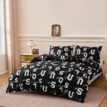 3pcs Bedding Set, Fashionable & Cooling Black Stylish Letter Duvet Cover Set, 100% Polyester 90gsm Soft Breathable Fabric, Black & White Letter Duvet Cover + 2 Pillow Shams, Suitable For Bedroom, Guest Room And Dorm, Ideal Holiday Gift - Black and White - View 5