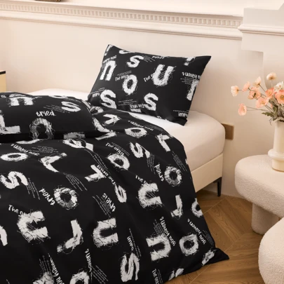3pcs Bedding Set, Fashionable & Cooling Black Stylish Letter Duvet Cover Set, 100% Polyester 90gsm Soft Breathable Fabric, Black & White Letter Duvet Cover + 2 Pillowcases, Suitable For Bedroom, Guest Room And Dorm, Ideal Holiday Gift