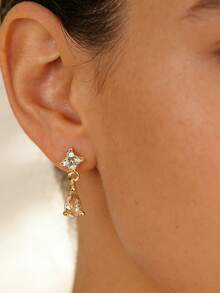 一对S925纯银合成锆石四叶草水滴形耳钉，优雅精致，日常佩戴珠宝，送给她的礼物 - 金黃色 - 查看 6