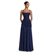 Temperament Solid Color Low-Cut Pleated Suspender Waist Backless Dress - Navy Blue - View 4