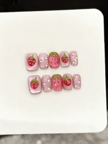 10片方形手工美甲贴纸，适合派对和日常佩戴，“草莓奶昔”3D草莓猫眼方形美甲贴纸，易于佩戴。10片Y2K风格手工美甲贴纸，适合女性节日派对和日常佩戴，也是情人节和母亲节礼物的理想选择。按压式美甲贴纸。 - 粉色 - 查看 10