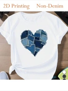 Distressed Denim Heart Women's Sports Short Sleeve T-Shirt - Casual Crew Neck, Short Sleeve Top, Perfect For Spring & Summer, Best For Christmas - White - View 2
