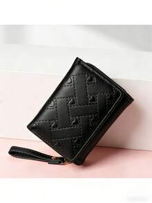 Short Heart Embroidered Diamond Pattern Wallet For Women, Multi-Card Slots, Buckle Card Holder, Zipper Coin Purse, Portable Handbag - A - View 1
