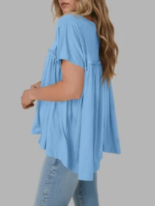 Women's Summer Pleated Babydoll Top Short Sleeve Crew Neck Peplum Blouse Loose Fit T Shirt - màu xanh da trời - Xem 3