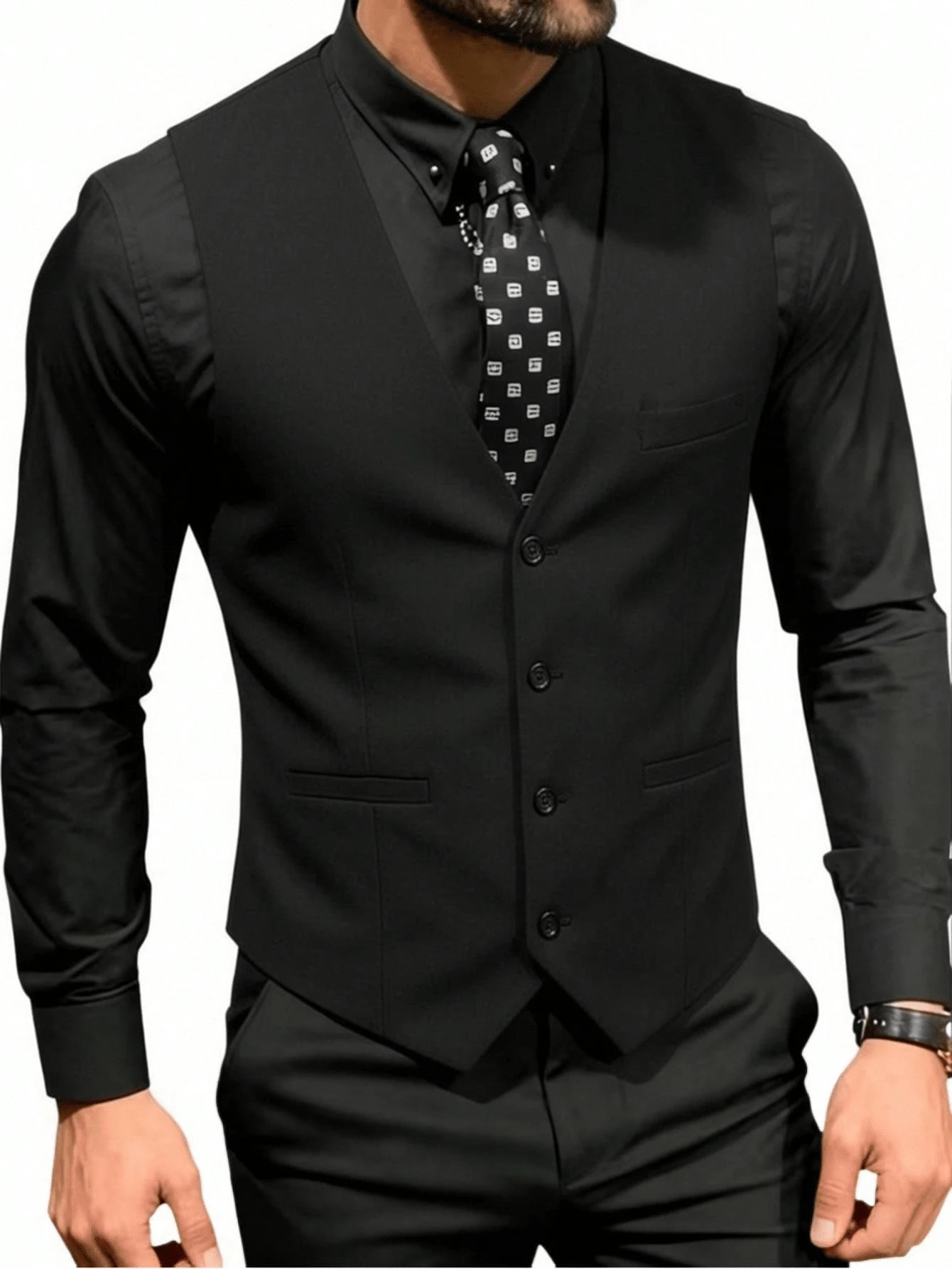 Chaleco de corte slim de unicolor con bolsillos, chaleco casual de hombre con cuello de traje, estilo coreano - Negro - Ver 1