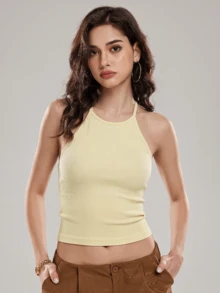 无袖瑜伽运动文胸，弹力健身运动背心，透气夏季款式 - Butter Yellow - 查看 5