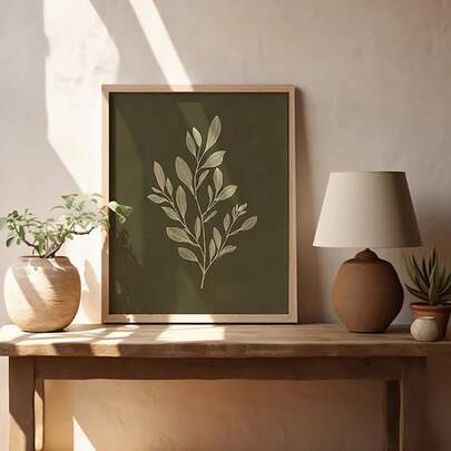 Set med 1 beige minimalistisk canvastavla med botaniska löv | Medelhavsinspirerad stugfärgad tryck | Mjuk neutral estetisk poster för vardagsrum/sovrum, ramlös/inramad