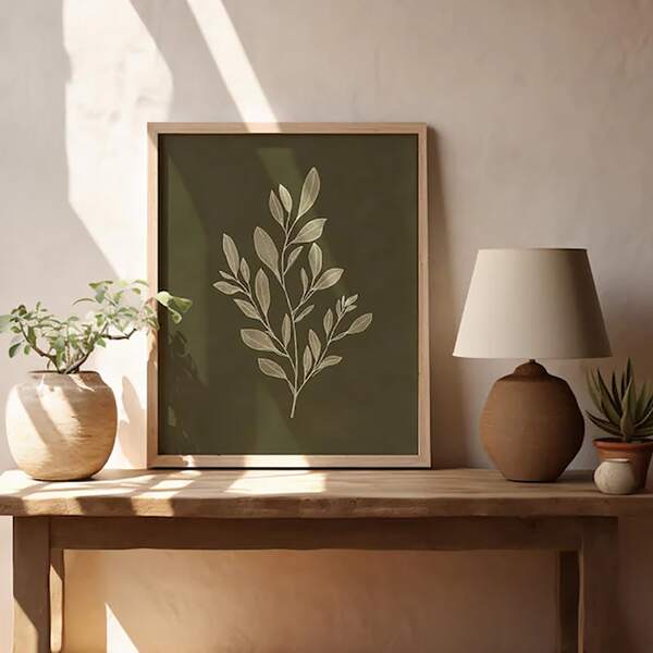 Set Of 1 Beige Minimalist Botanical Leaf Canvas Wall Art | Mediterranean Cottagecore Print | Soft Neutral Aesthetic Poster For Living Room Bedroom,Frameless/Framed