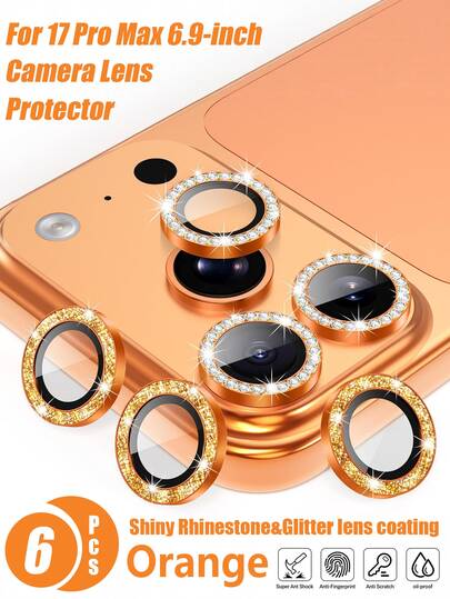 Bộ 6 món: Miếng dán bảo vệ ống kính camera cho iPhone 17 Pro 6.3 inch / 17 Pro Max 6.9 inch, đính kim cương lấp lánh và vòng kim loại lấp lánh, kính cường lực 9H, màu cam lấp lánh.