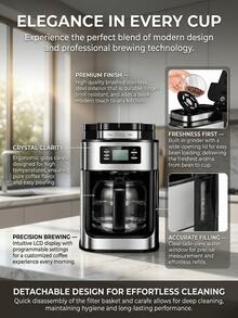 Coffee Bean Automatic Grinding Function,Stainless Steel Body Coffee Basket Detachable With Insulation Function, 1050W 1L 34 Ounces With LCD Display Screen Control Coffee Machine,Coffee Bean Container Capacity 60g,24-Hour Reservation Function - EU E Type Plug(220-240V) - View 7