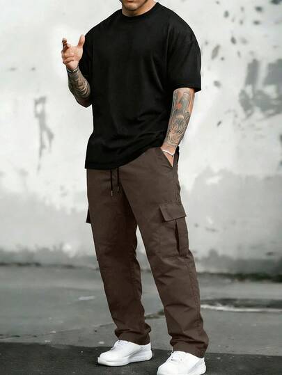 Spring/Autumn Men's Minimalist T-Shirt & Cargo Pants Set, Solid Color Loose Casual Sports 2-Piece Outfit