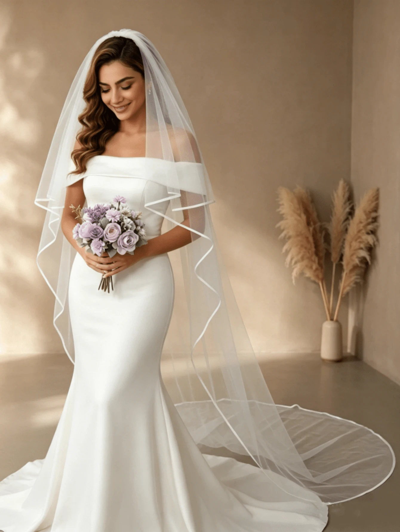 1pc Double-Layer Satin Edged Bridal Veil, Fingertip & Cathedral Length, Suitable For Wedding, Beach Wedding Photography, Storefront Display, With Hair Comb, Summer