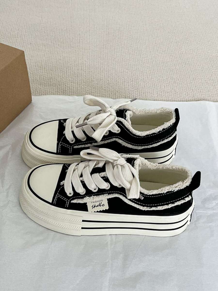 Women's Thick-Soled Canvas Sneakers, Solid Color, Lightweight, Durable, Breathable Casual Shoes, European And American Style, Minimalist Round Toe, Non-Slip, Platform, Casual, Walking, Travel, Vacation Flat Shoes, Black, Suitable For All Seasons, Athletic Lace-Up Sneakers, Indoor - 黑色 - 查看 1
