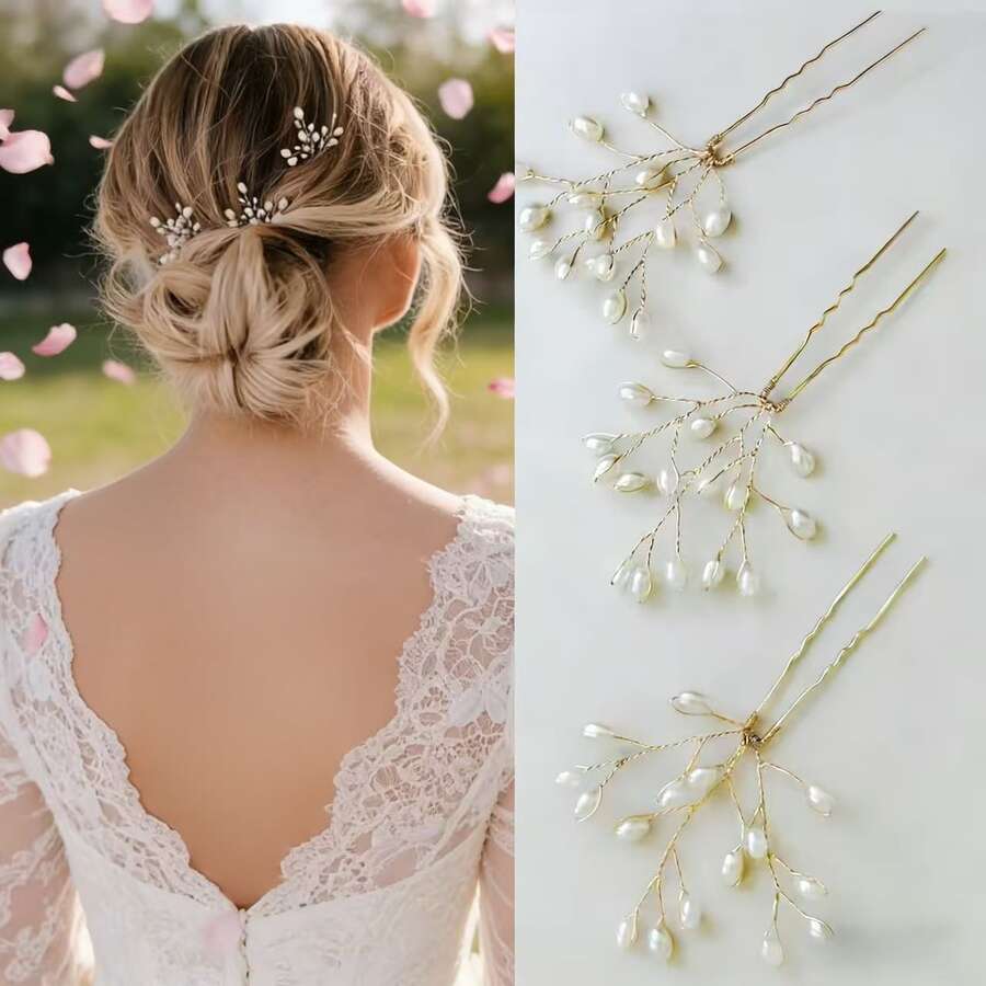 3 piezas Pinzas para el cabello de novia, Horquillas para el cabello con perlas estilo coreano, Tenedores para el cabello en forma de U, Accesorios pequeños para el cabello para novia, verano, playa, boda, festival, cumpleaños - 63269 Oro - Ver 1