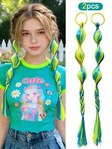 2 pièces Perruques tressées à bulles colorées pour filles, chouchous à cheveux élastiques, convenant pour chignons, couettes, couleur dégradée arc-en-ciel, palette Y2K dopamine, idéal pour les fêtes, les rendez-vous, les séances photo, les représentations sur scène - Multicolore - Voir 12