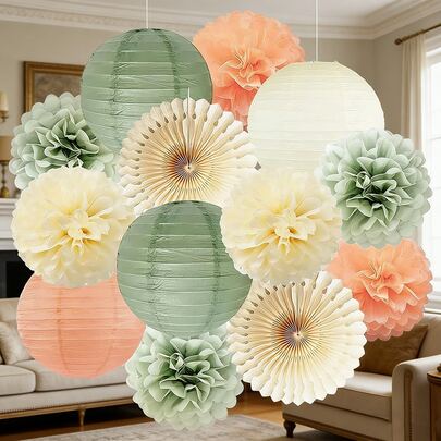 Bộ 13 chiếc đèn lồng giấy màu xanh lá cây nhạt, trang trí hoa pom pom, thích hợp cho tiệc mừng em bé, sinh nhật, đám cưới, tiệc tùng.