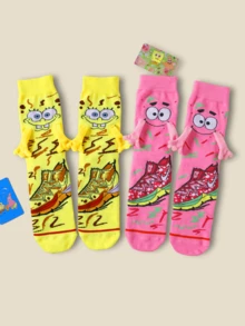 SpongeBob SquarePants SquarePants 1/2 Pairs Cute Cartoon Collaboration Hand In Hand Magnetic Socks Paired With Pink Starfish Yellow SquarePants Cartoon Fun Sweat Absorbing Breathable Unique Design Multi Scene Dating Best Friends Daily Dressing - Multicolor - View 6