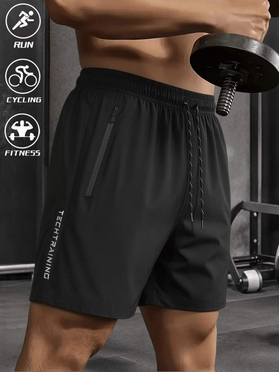 Quần short thể thao ngoài trời dành cho nam, quần short in họa tiết màu trơn có túi khóa kéo, quần thể thao chạy bộ thoáng khí, nhanh khô, màu đen mùa hè. - màu đen - Xem 1