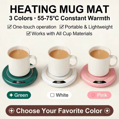 1个便携式电热杯垫 - USB供电 - 3档可调温度（55°/65°/75°），带自动断电功能 - 适用于塑料、陶瓷、不锈钢杯 - 适用于在家和办公室加热牛奶和咖啡，保持饮品温度 - 快速发货 | 卓越体验 | 精美礼品 | 贴心好礼