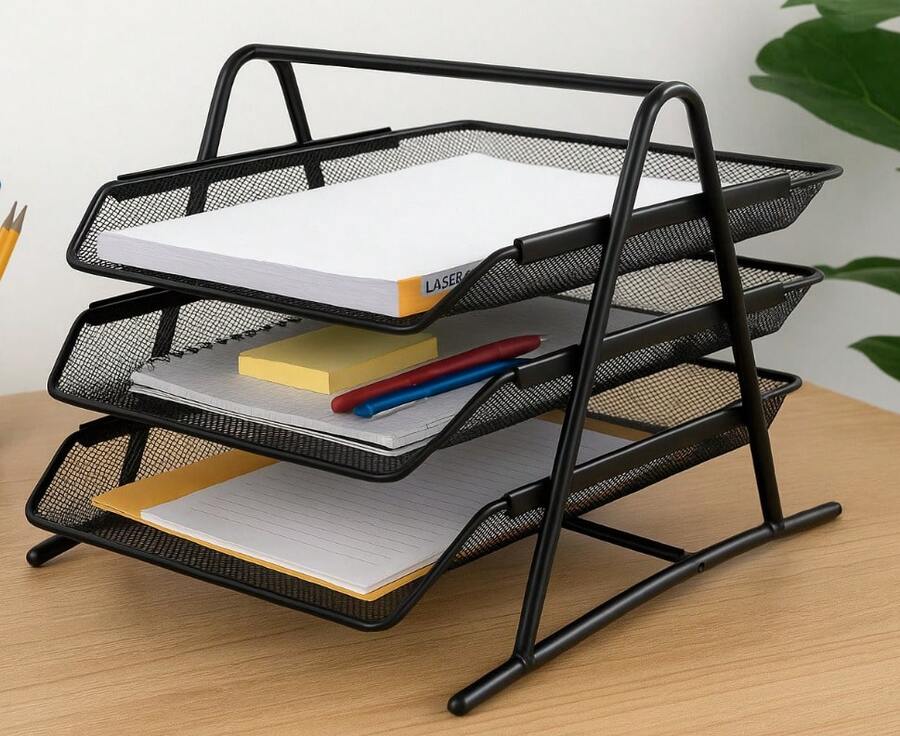 ARISE - Bandeja de Escritorio Multinivel de Metal – Organizador de Documentos A4 con 3 Niveles, Malla Resistente, Ideal para Oficina, Hogar y Estudio - Negro - Ver 1