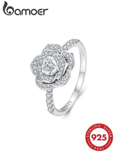  Bamoer 925 Sterling Silver Luxury Floral Ring, Exquisite Transparent Rose Ring, Pave Zirconia, Elegant Jewelry Gift For Women, Valentine's Day