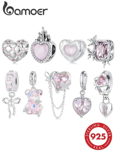 bamoer 1pc 925 Sterling Silver Dreamy Princess Bow Teddy Bear Pendant With Pink Sweetheart Beads, Suitable For Women/Girls DIY Bracelet Jewelry Making