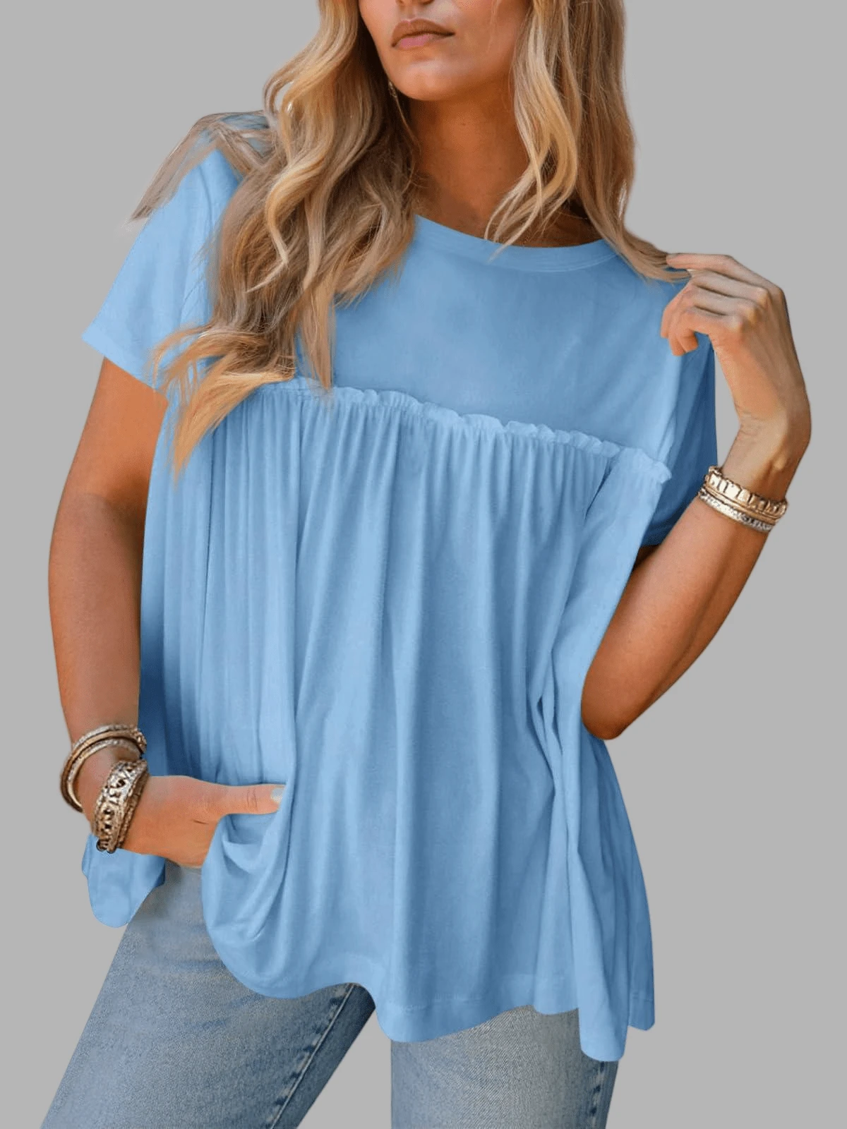 Women's Summer Pleated Babydoll Top Short Sleeve Crew Neck Peplum Blouse Loose Fit T Shirt - màu xanh da trời - Xem 1