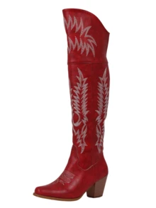 Summer Boots Riding Knee Thick Heels Embroidery Women's Country Concert Combat Cowgirl Red Boots Women Outfits & Western Chic Festival Shoes - 紅色長管 - 查看 4