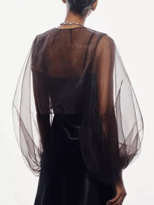 Awevudst Women's Sheer Organza Puff Sleeve Bolero Shrug Lightweight Open Front Cropped Cover Up Top - màu đen - Xem 3