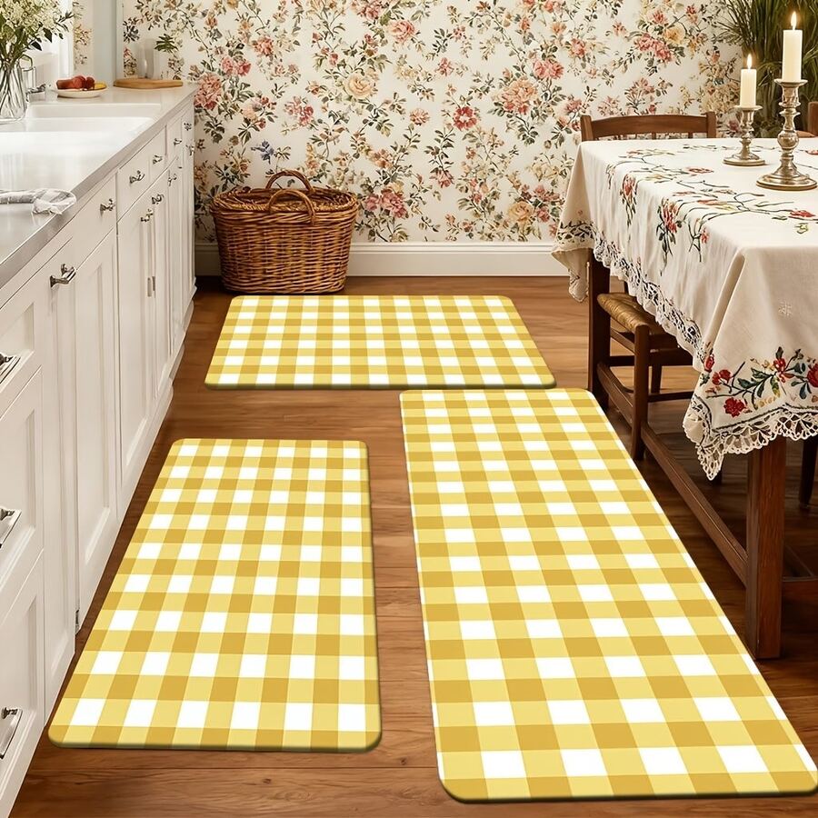 1pc Yellow Checkered Kitchen Rug, Kitchen Mat, Kitchen Carpet, Classic Checkered Doormat, Small Rug, Carpet, Runner Rug, Floor Mat, Home Decor, Area Rug, Outdoor Mat, Bedroom Carpet, Washable Rug