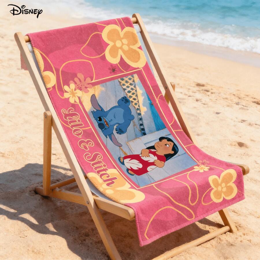 Miniso Disney Lilo & Stitch Beach Towel - Blue Hibiscus Print Soft Towel For Beach & Bath - B - View 1