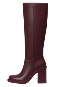 2025 New Fall Fashion Knee High Boots For Women Thick Heel Solid Color Side Zipper Square Toe Comfortable Classic Wide Calf Boots Winter Party Motorcycle Nightclub Shoes - 酒紅色 - 查看 4
