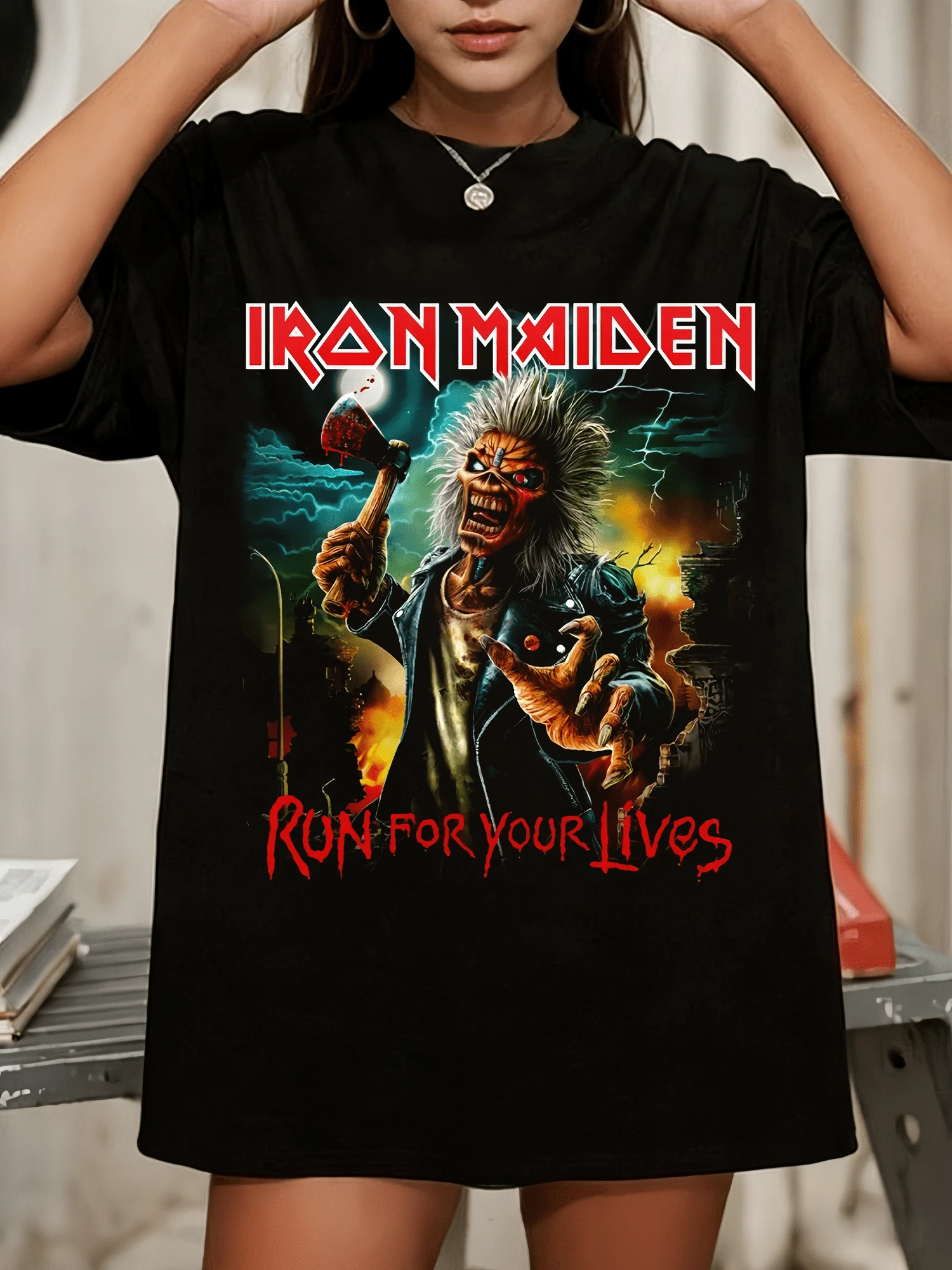 I-IronS M-MaidenS Eddie Killers Print Loose Fit Rock Band Crew Neck Tee - Black - View 1