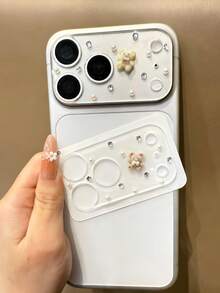 Bling Rhinestone Cute 3D Bear Faux Pearl Glass Camera Film Protector Compatible With IPhone 17 Pro Max 17 Pro Clear Hard Glassy Lens Protector Film Cover Accessories Mother's Day Gift Party - Beige Bear - View 2
