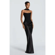 Waist-Closed Sexy Tube Top Hip-Wrapped Satin Lace-Up Dress - 黑色 - 查看 5