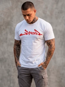 Men's White T-Shirt, 100% Cotton, Short Sleeves, Crew Neck, Regular Fit, With Exclusive Red Print. - 白色 - 查看 1