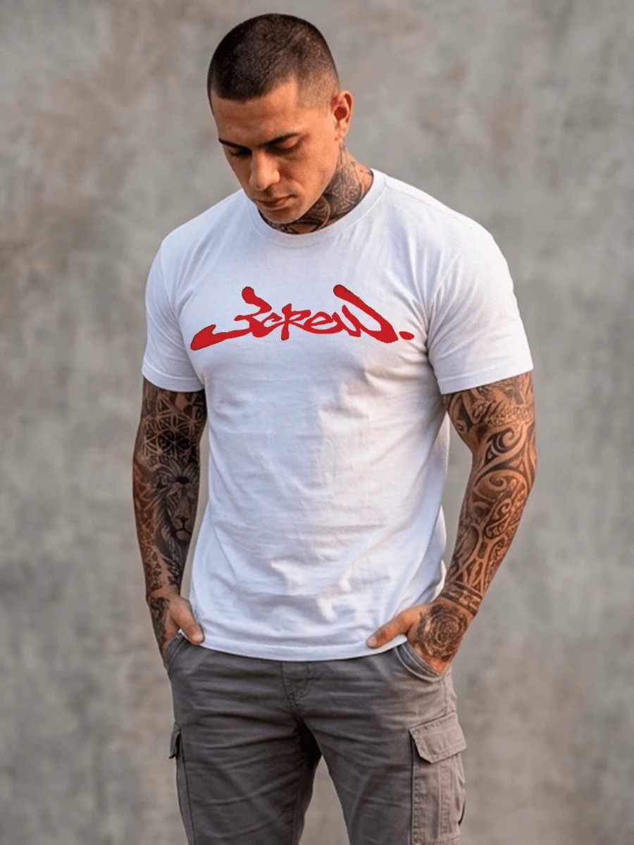 Men's White T-Shirt, 100% Cotton, Short Sleeves, Crew Neck, Regular Fit, With Exclusive Red Print. - 白色 - 查看 1