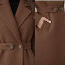 Women's Long Sleeve Coat With Belt And Straight Collar, Solid Color, Unlined, Brown - 鏽棕色 - 查看 2