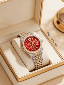 1 pezzo Orologio da uomo in acciaio con quadrante a numeri romani e diamanti, di moda, adatto per abbinamenti quotidiani, compleanni, regali per uomo, anniversari, di fine anno, Single's Day, Ognissanti, senza scatola regalo - Rosso - Visualizzare 1