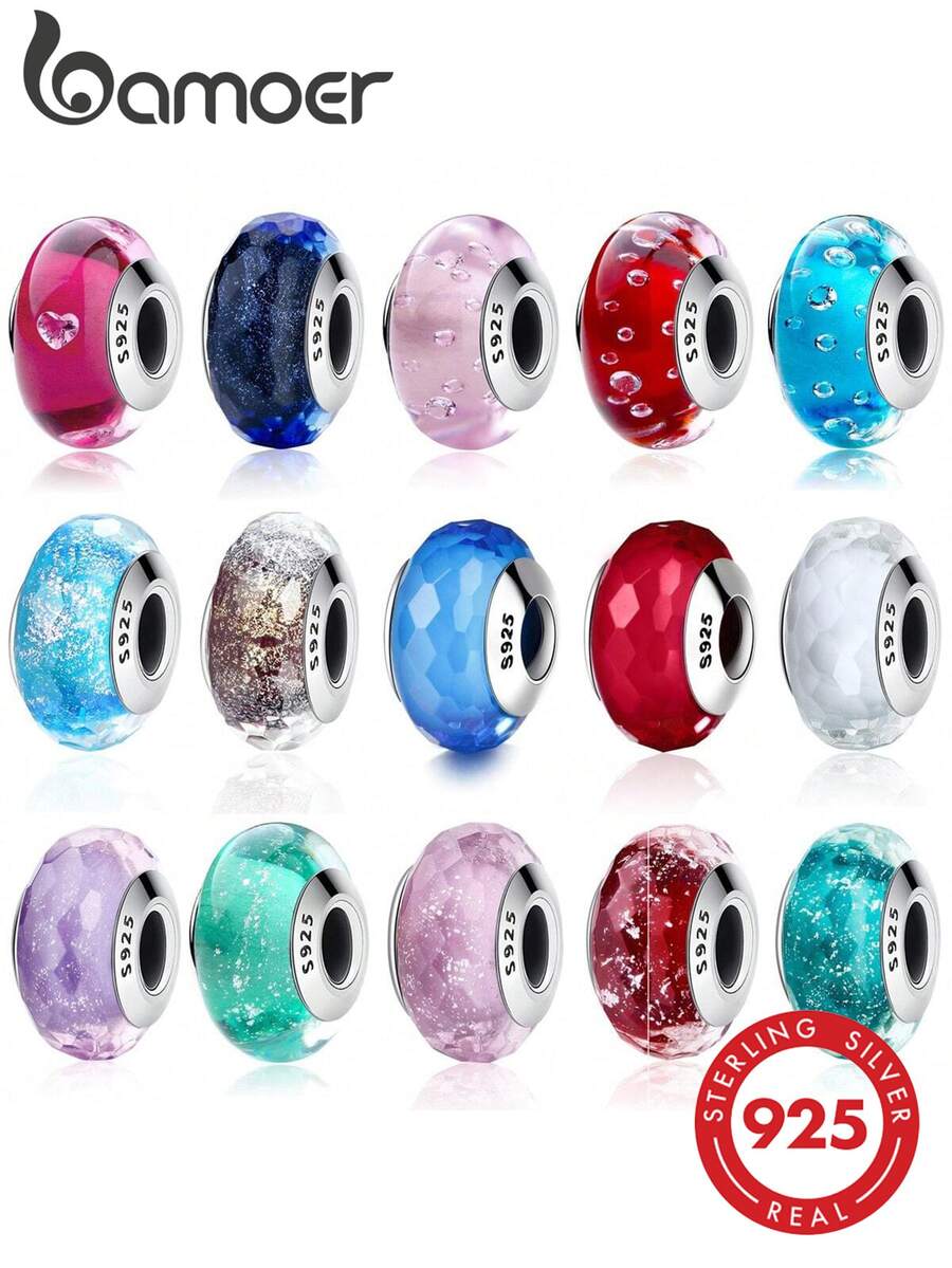 1 mặt dây chuyền hình hoa màu hồng dễ thương bằng bạc Sterling 925, đính hạt thủy tinh Murano, thích hợp để tự làm vòng tay, quà tặng Giáng sinh.