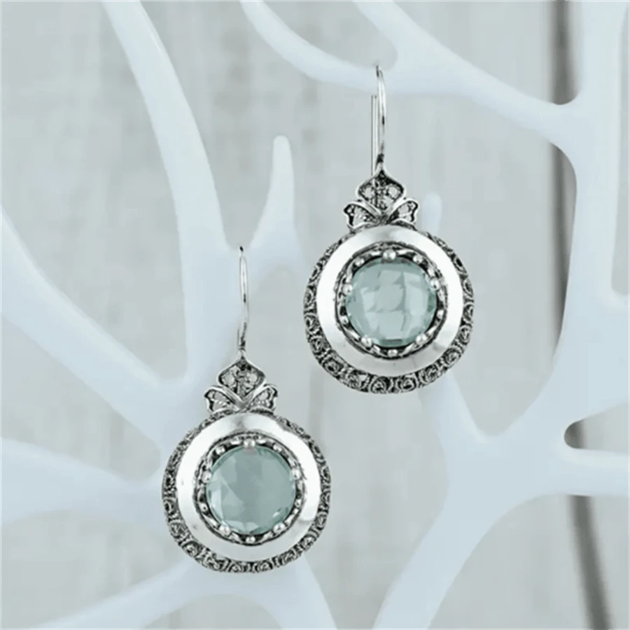 1 par de pendientes con colgante de piedra preciosa sintética con diseño geométrico hueco y tallado texturizado, joyería de moda como regalo para mujeres en bodas y fiestas - Celeste - Ver 1
