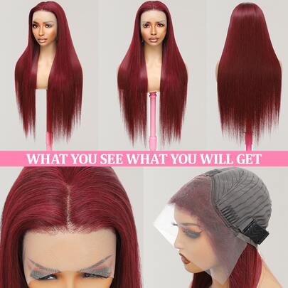 28英寸直发高清蕾丝前假发，真人混纺发丝，预先拔毛，12A级，200密度，13x4透明蕾丝前假发，带婴儿发，#99J酒红色，女士款