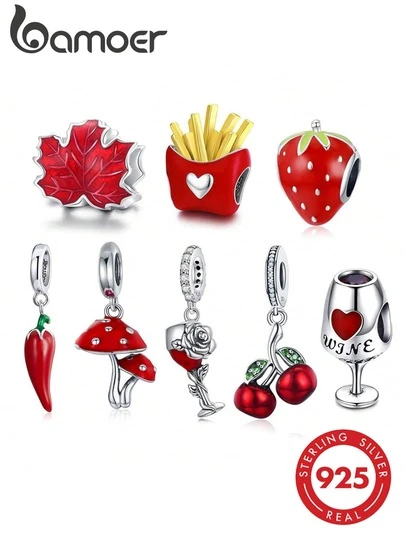 bamoer 1pc 925 Sterling Silver Red Chili Maple Leaf, Cherry Bead, Lucky Wine Glass Pendant, Suitable For Women Bracelet DIY, Exquisite Jewelry Gift