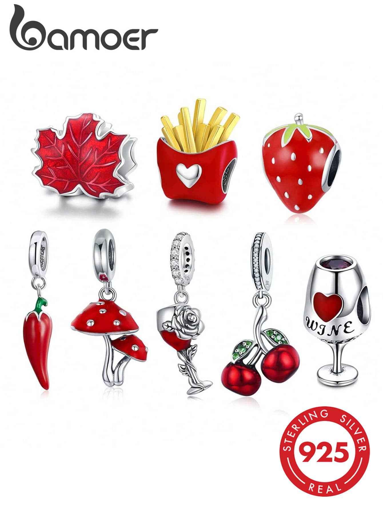 bamoer 1 pieza Colgante de plata de ley 925 con hoja de arce roja, cuenta de cereza, copa de vino de la suerte, adecuado para pulsera de mujer DIY, regalo de joyería exquisita