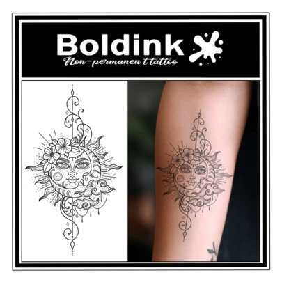  Bộ 2 miếng dán hình xăm tạm thời chống thấm nước Boldink hình Mặt Trời, Mặt Trăng, Hoa và Biểu tượng Huyền bí, bền màu 1-2 tuần, hình xăm nước ép trái cây, lý tưởng để trang trí cơ thể hàng ngày, quà tặng cho tín đồ thời trang.